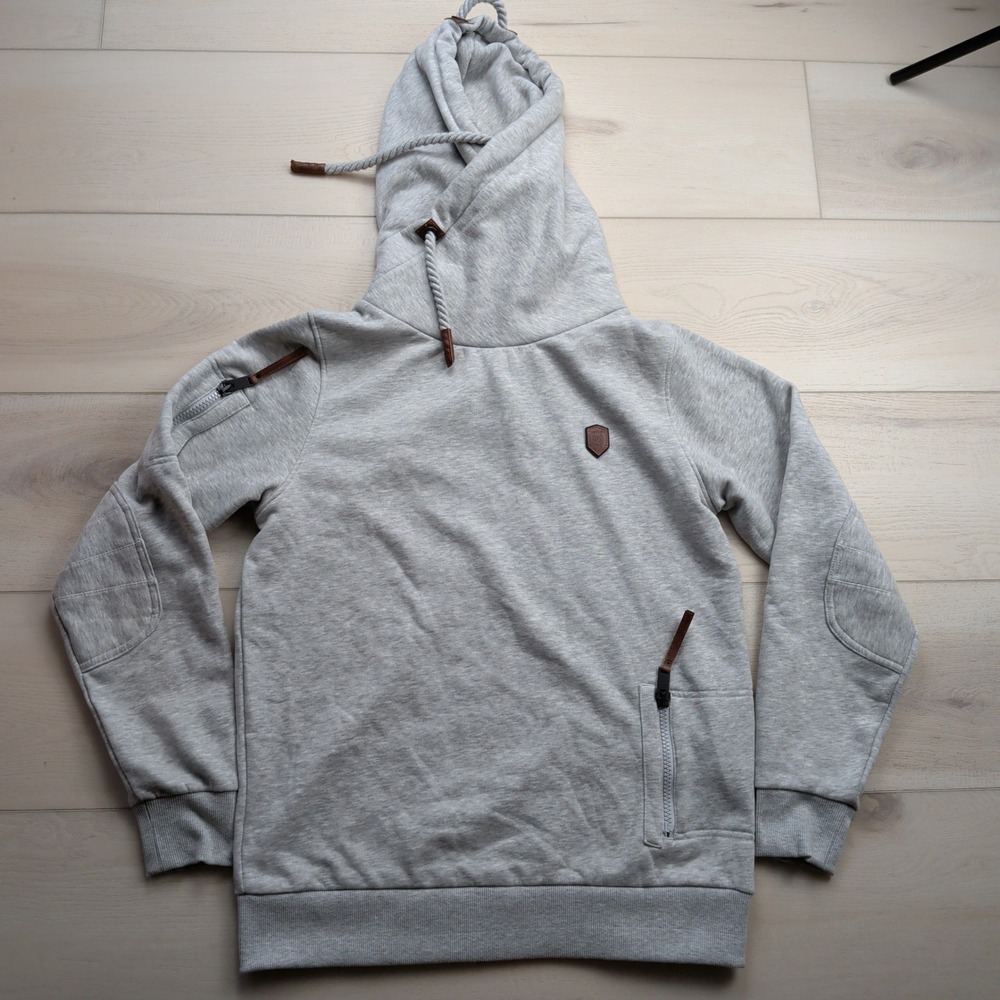 Naketano Hoodie Mens XL Gray Melange Pullover‎ Faux Leather Trim Zip Pockets